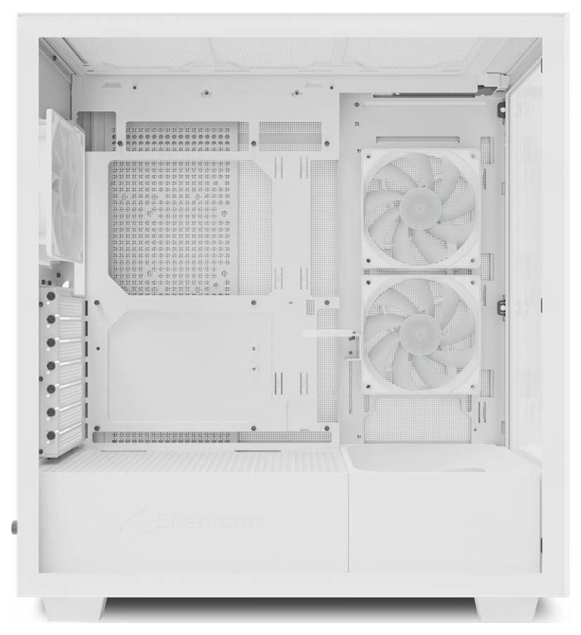 Ein leerer, weißer Computergehäuse zeigt zwei installierte Lüfter und Platz für weitere Komponenten. Ideal für PC-Bauprojekte.