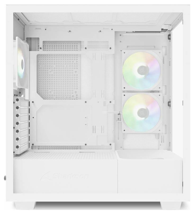 Ein weißes Computergehäuse mit drei eingebauten Lüftern, zwei an der Seite und einer hinten, die RGB-Licht ausstrahlen.