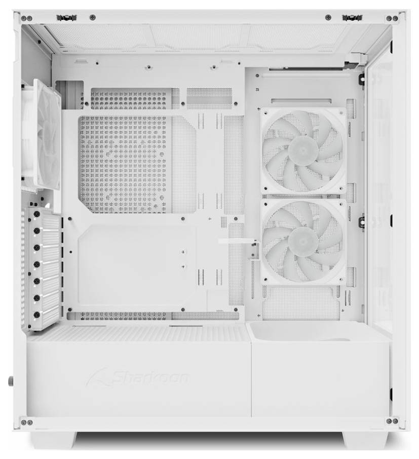 Ein weißes PC-Gehäuse ohne Komponenten, mit zwei sichtbaren Lüftern an der Seite und einem Lüfter auf der Rückseite.