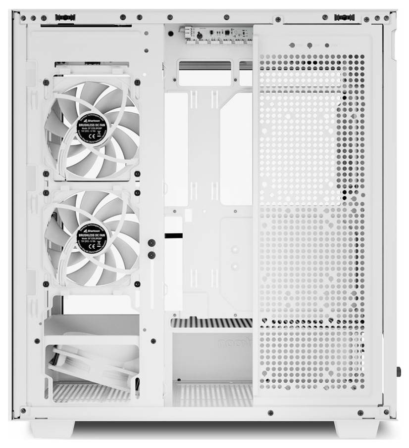 Ein offenes PC-Gehäuse ohne Komponenten, mit zwei eingebauten Lüftern links und einem netzartigen Gitter rechts zur Belüftung.