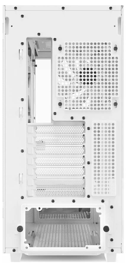 PC-Gehäuse von hinten, zeigt Lüftergitter, Erweiterungssteckplätze und Netzteilöffnung; geeignet für Computerhardware-Installation.