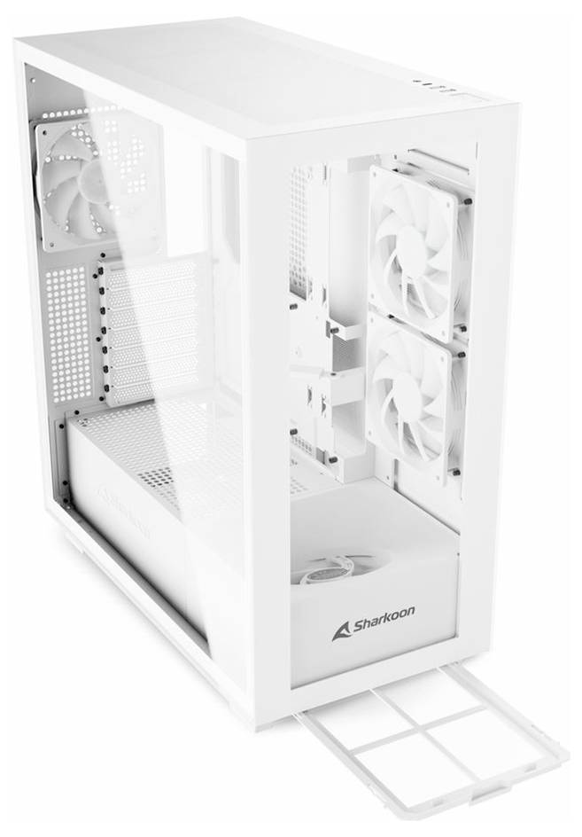 Weißes Computergehäuse von Sharkoon mit mehreren eingebauten Lüftern.