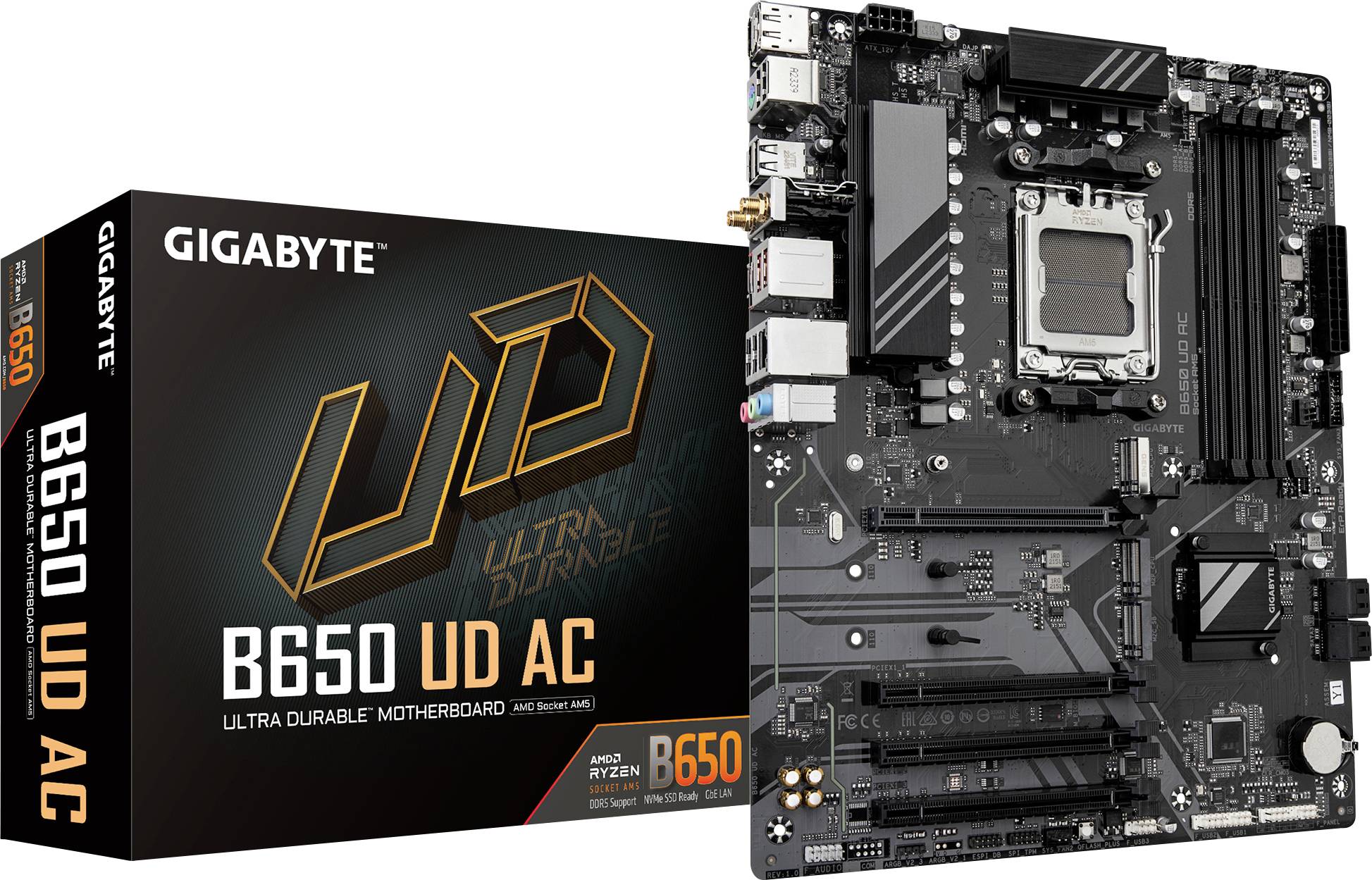 Gigabyte B650 UD AC Mainboard mit Verpackung, markiert mit 'Ultra Durable', unterstützt AMD Ryzen-Prozessoren.