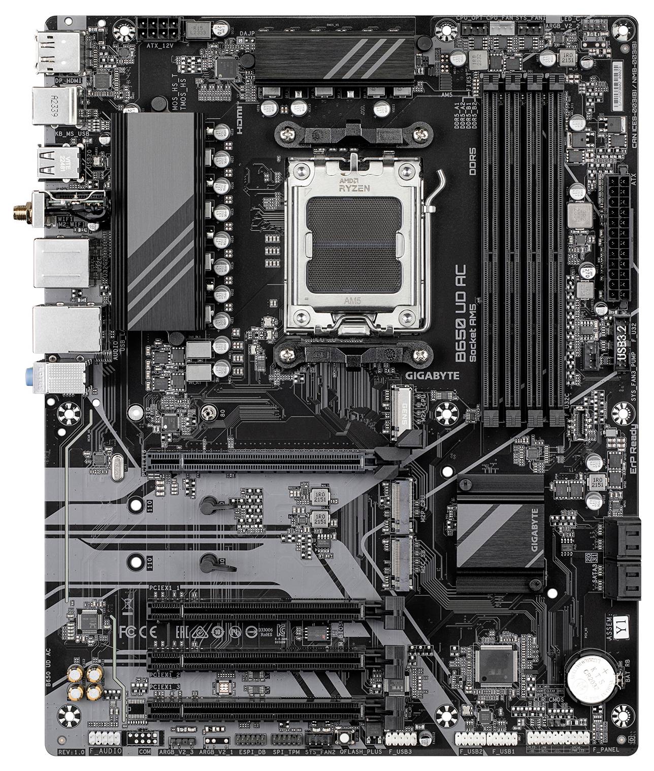 Ein schwarz-graues Mainboard mit mehreren PCIe-Steckplätzen, RAM-Steckplätzen und einem AMD Ryzen-Sockel. Anschlüsse für USB, Audio und Netzwerk sind vorhanden.