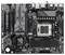 Eine schwarze Hauptplatine mit verschiedenen Anschlüssen und Komponenten, darunter PCIe-Steckplätze, RAM-Slots, CPU-Sockel und USB-Anschlüsse.