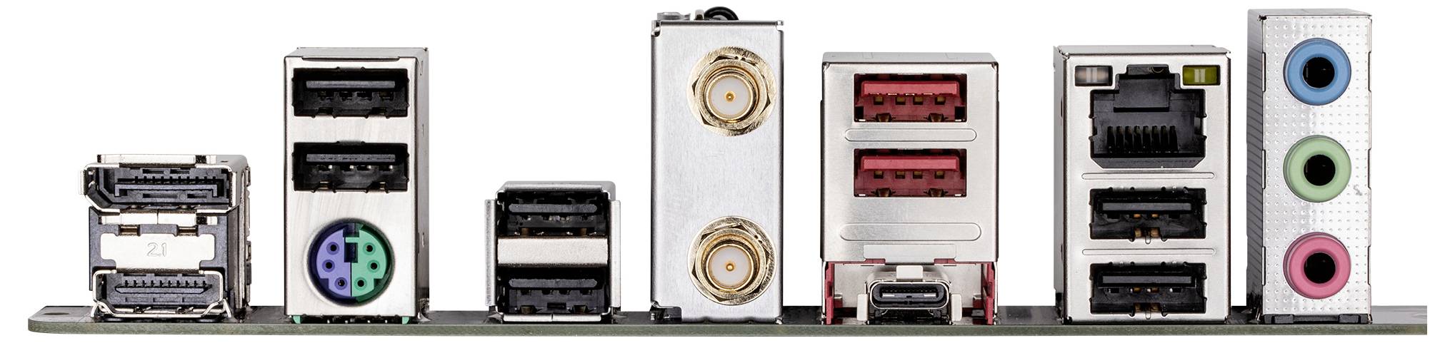 Rückseite eines Computer-Motherboards mit verschiedenen Anschlüssen, darunter USB, Ethernet, Audio, HDMI, und Display-Port.