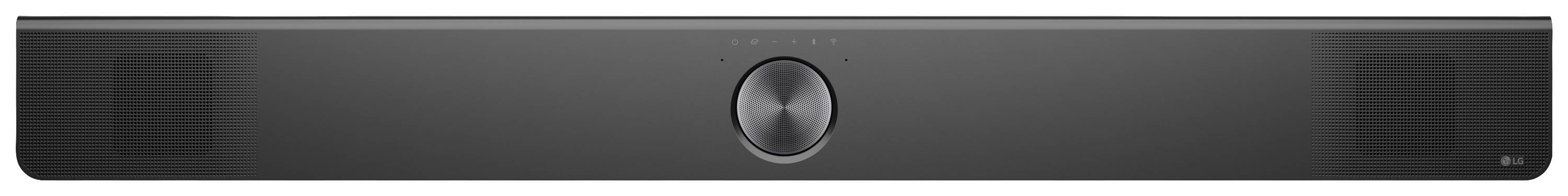 Schwarze Soundbar mit zentralem Lautstärkeregler und integrierten Lautsprechern links und rechts. Ideal für Heimkino-Systeme.
