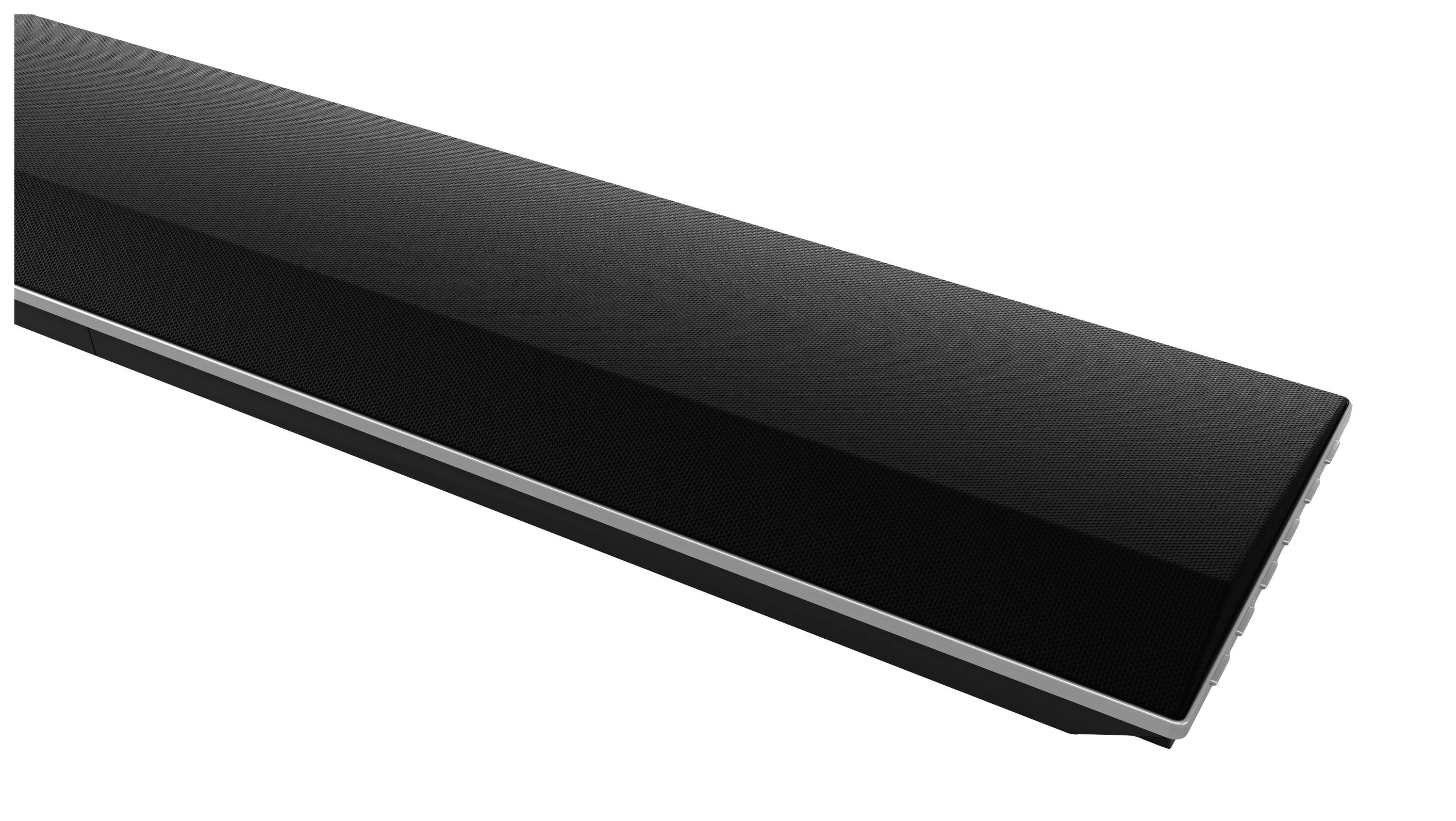 Schwarze Soundbar mit einer leicht glänzenden Oberfläche, seitlich abgebildet. Ideal für hochwertigen Klang bei Flachbildfernsehern.