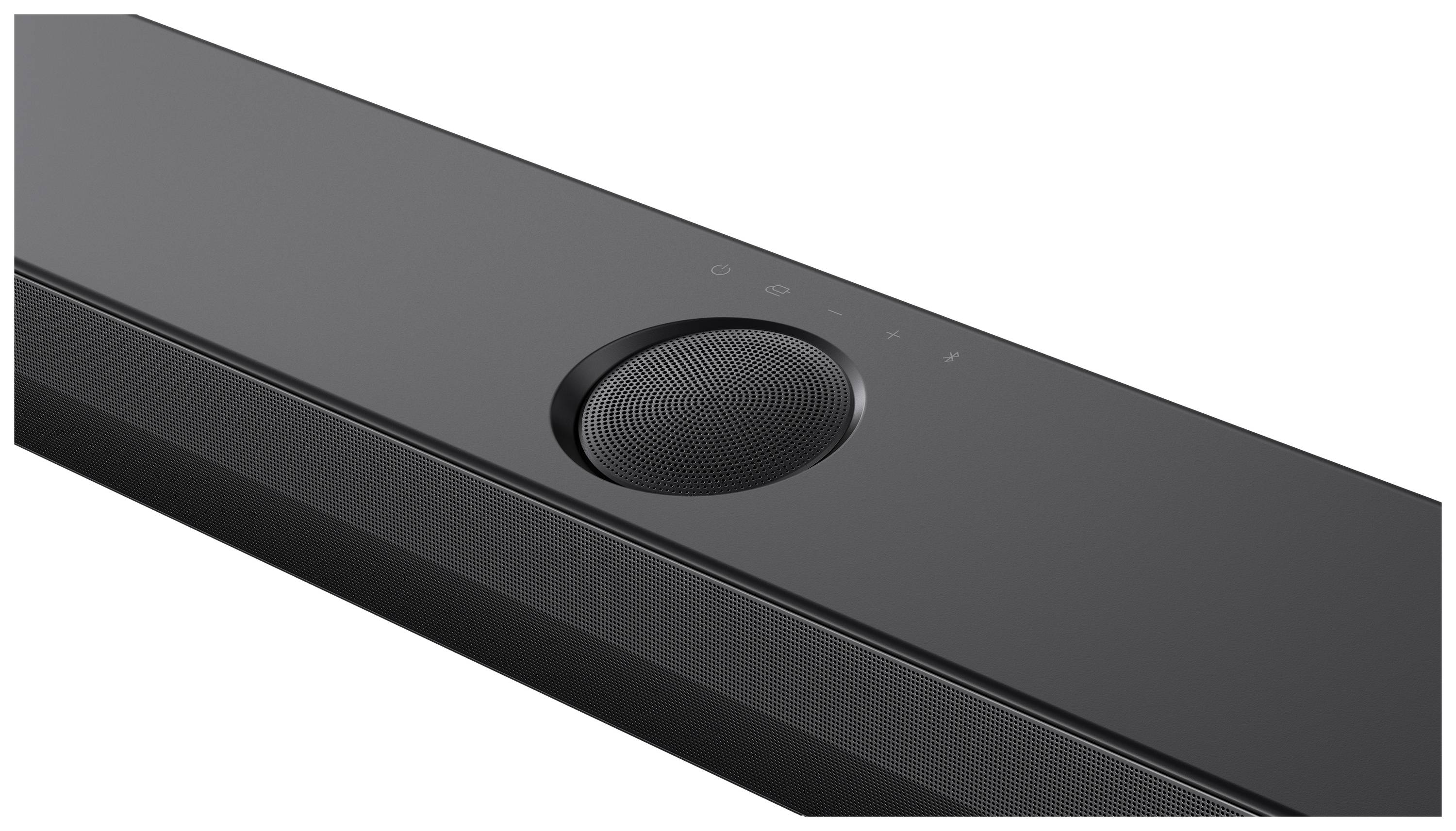 Eine schwarze Soundbar mit zentralem Lautsprecher und symbolmarkierten Bedienelementen auf der Oberseite.