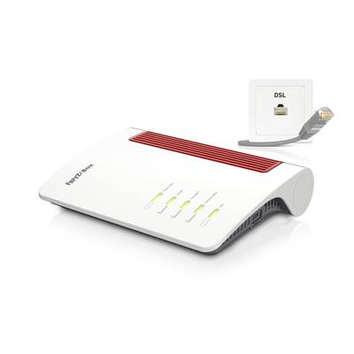 WLAN-Router mit mehreren Leuchtanzeigen liegt vor einer DSL-Wandsteckdose. Ein Netzwerkkabel ist verbunden.
