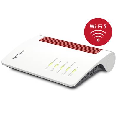 Eine FritzBox-Router mit rotem Lüftungsgitter und leuchtenden Status-LEDs. Ein 'Wi-Fi 7'-Symbol daneben signalisiert drahtlose Konnektivität.