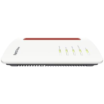 Ein weißer Router mit der Aufschrift 'FRITZ!Box' auf der linken Seite. Vier LED-Anzeigen sind auf der rechten Seite sichtbar.