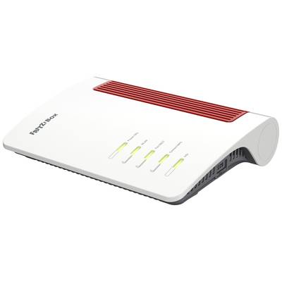 Ein weiß-roter Router mit der Aufschrift 'FRITZ!Box'. Vier LED-Anzeigen für Power, WLAN, Telefonie und Info leuchten.