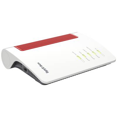 Ein weißer Router mit rotem Akzent, typischerweise verwendet für Heimnetzwerke. Er ist geneigt dargestellt und zeigt LED-Anzeigen an der Oberseite.