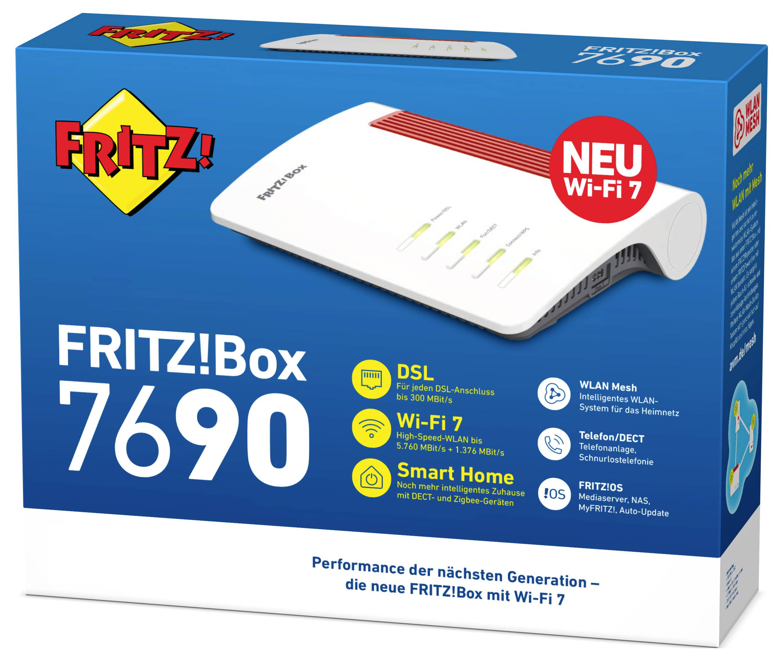 Verpackung der FRITZ!Box 7690 mit Wi-Fi 7, zeigt ein weißes Router-Modell. Text hervorhebt DSL, WLAN Mesh, Mobilfunk und Smart Home.