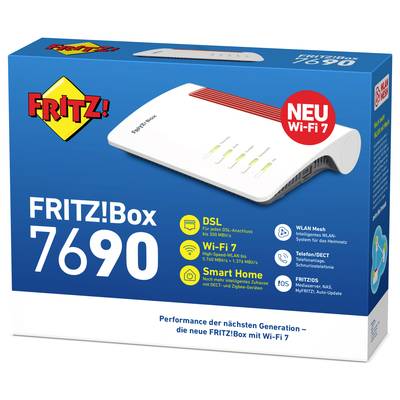 Verpackung der FRITZ!Box 7690 mit Wi-Fi 7, zeigt ein weißes Router-Modell. Text hervorhebt DSL, WLAN Mesh, Mobilfunk und Smart Home.