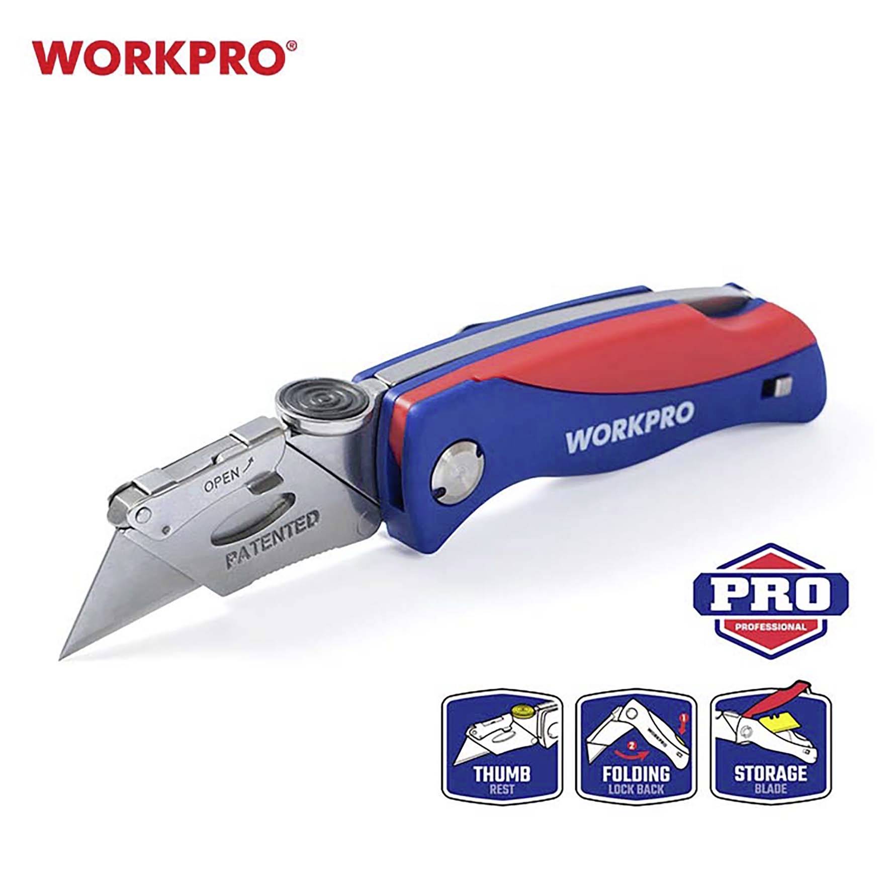 Ein klappbares Universalmesser mit rotem und blauem Griff. Enthält Logos 'WORKPRO' und 'PRO'. Darunter Symbole zur Funktionsdarstellung.