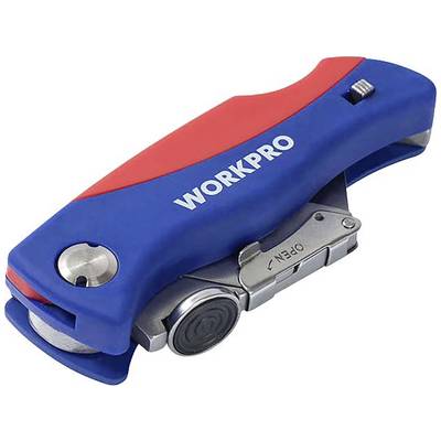 Ein blau-rotes Mehrzweckwerkzeug mit der Aufschrift 'WORKPRO'. Es hat mehrere eingeklappte Funktionen, darunter ein Messer.