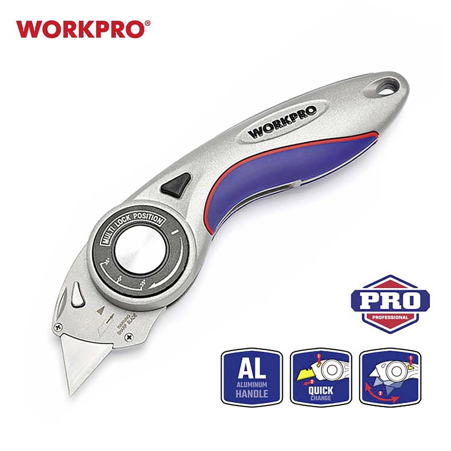 'WORKPRO' Klappmesser mit Aluminiumgriff, Schnellwechselklinge. Drei Symbole unten beschreiben Funktionen.