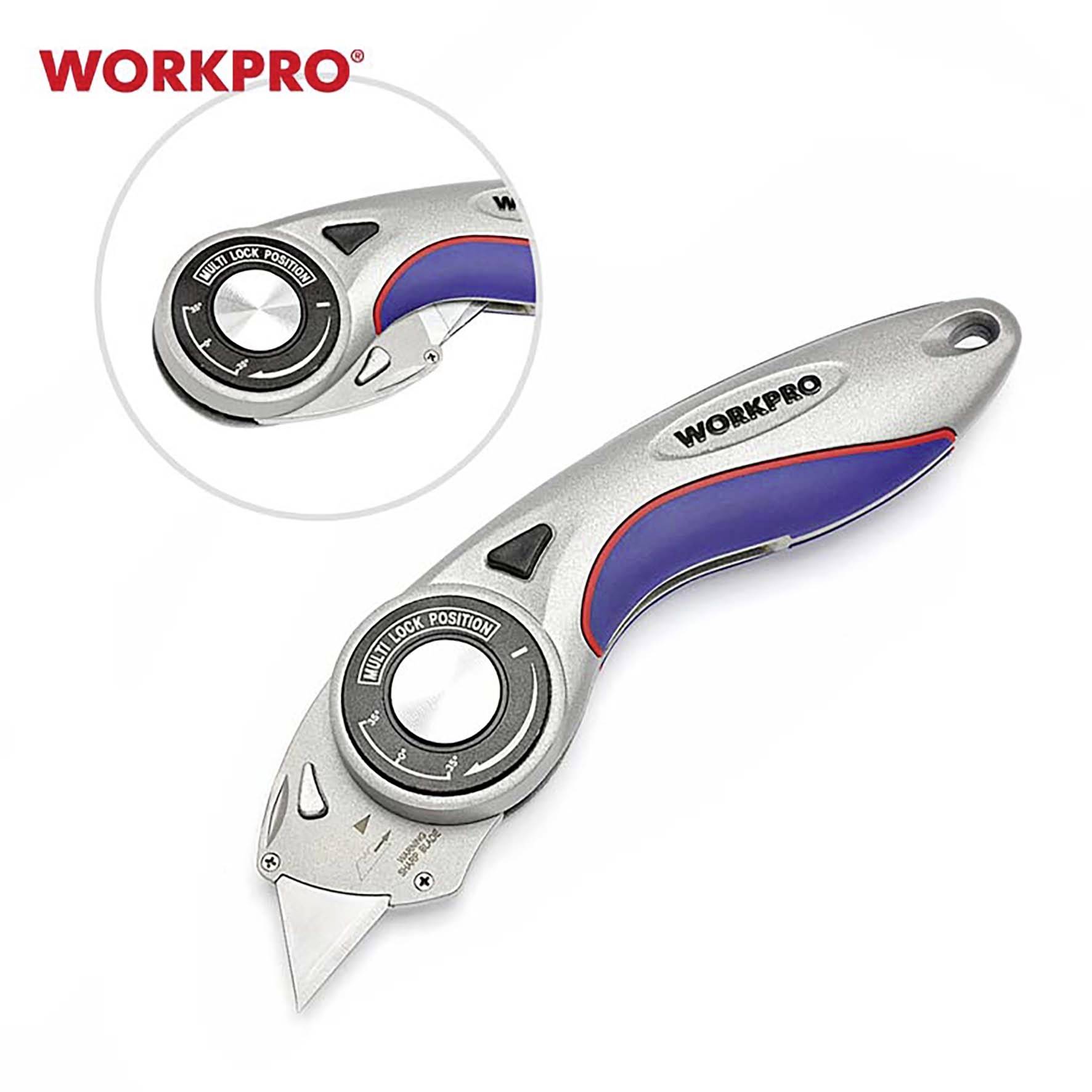 Ein silbernes, ergonomisches Universalmesser der Marke Workpro mit blauen und roten Griffdetails. Drehbares Verschlusssystem für Klingenwechsel.