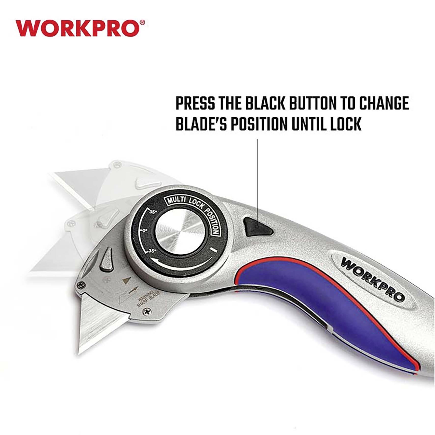 Werkzeugmesser mit schwarzem Knopf zur Klingenverstellung. Hinweise auf dem Bild: 'Press the black button to change blade's position until lock'.