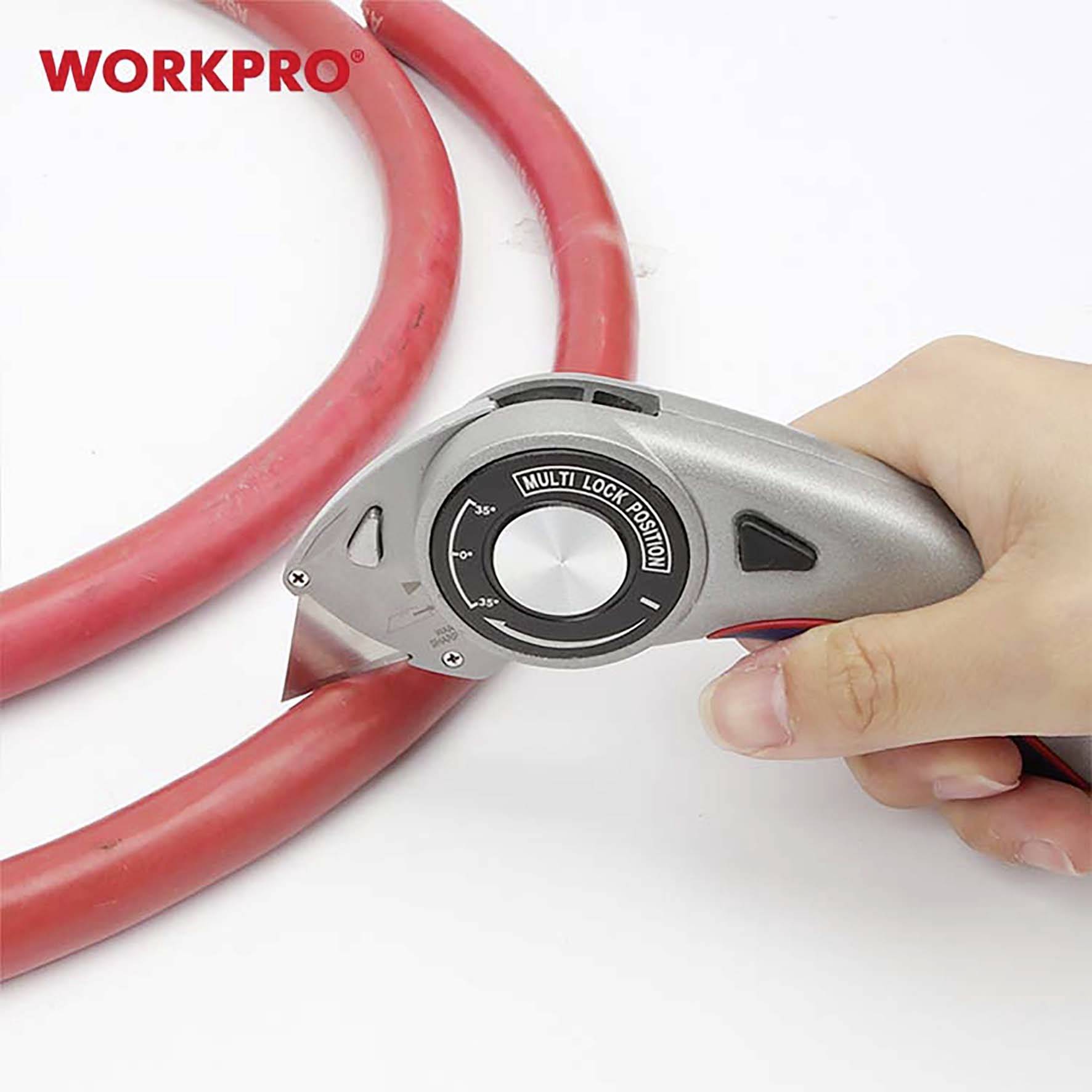 Eine Hand hält ein Schneidewerkzeug, das gerade ein dickes, rotes Kabel durchschneidet. Oben links steht in Rot 'WORKPRO'.