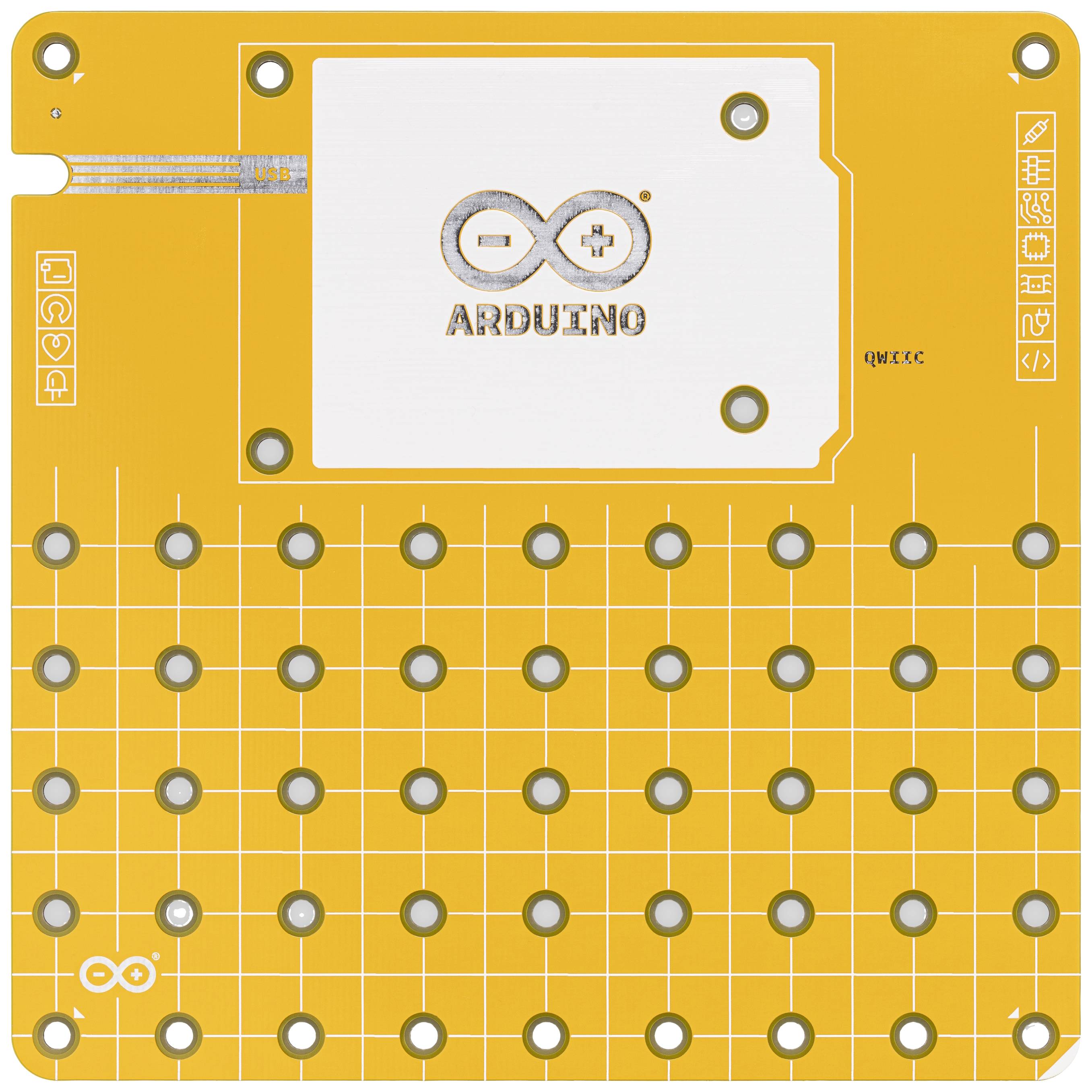 Arduino-Platine mit orangefarbenem Hintergrund, Matrix aus Kontaktpunkten und Logo in der oberen Mitte.