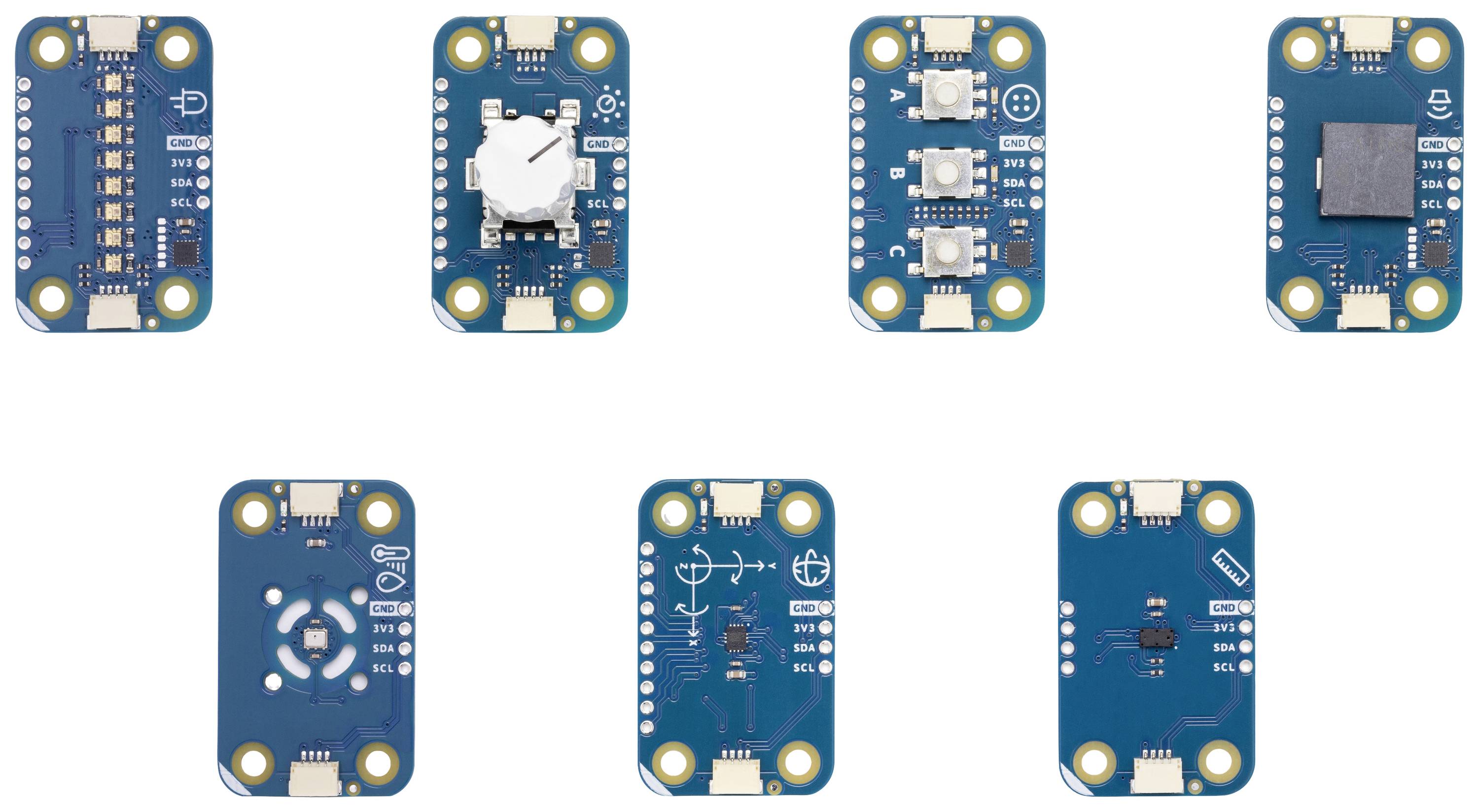 'Sieben blaue Sensorplatinen mit unterschiedlichen elektronischen Komponenten und Anschlüssen sind symmetrisch angeordnet.'