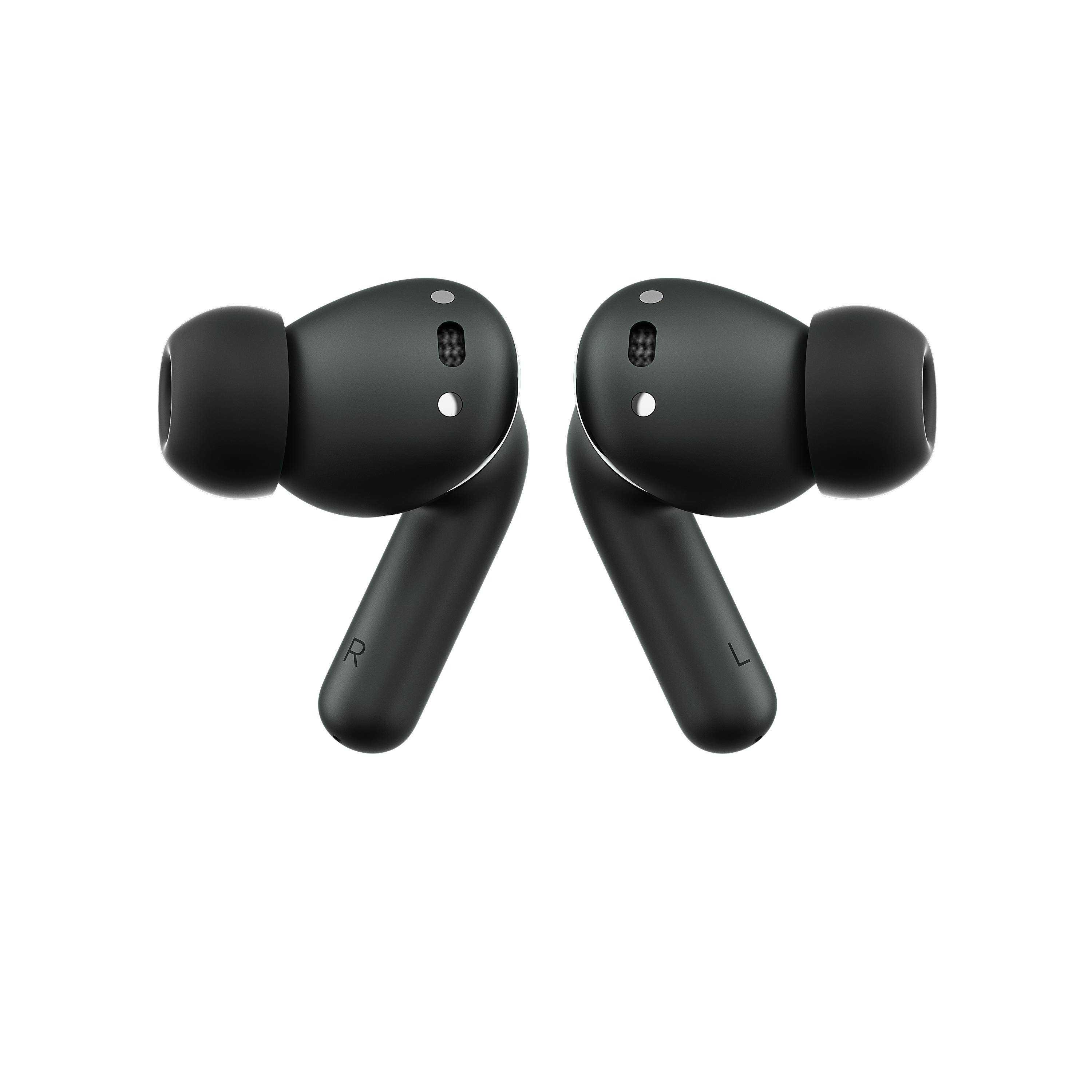 Schwarze kabellose In-Ear-Kopfhörer mit einem kompakten Design, jeweils mit einem kleinen Mikrofon und Lautstärkeregler.