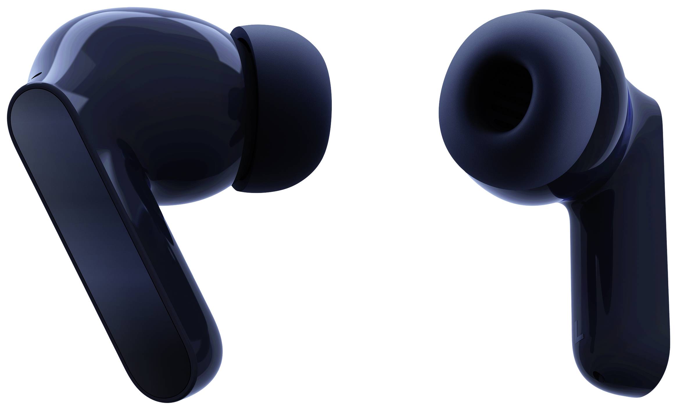 Schwarze kabellose In-Ear-Kopfhörer, Ansicht von zwei Seiten, modernes Design.