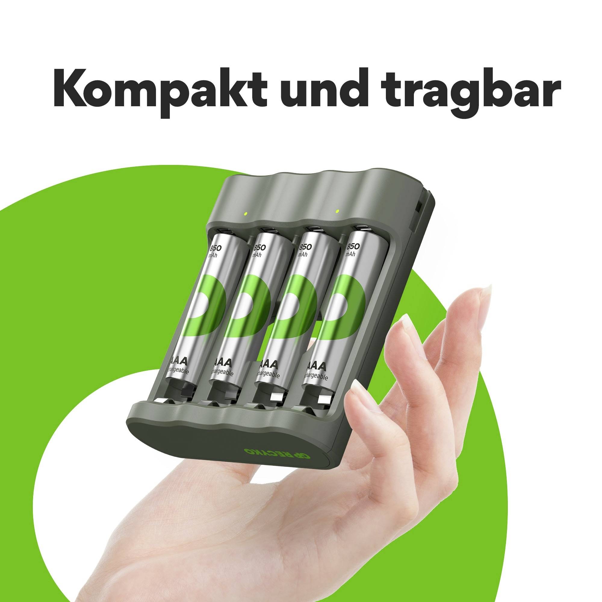 Eine Hand hält ein Batterieladegerät mit vier eingelegten AA-Akkus. Oben steht: 'Kompakt und tragbar'.
