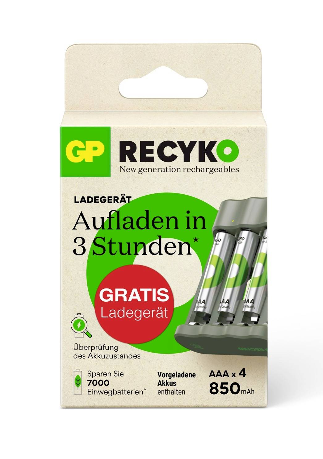 Verpackung eines Ladegeräts: 'Recyko', lädt in 3 Stunden, kostenloses Ladegerät, für AAA 850 mAh Akkus, ersetzt 7000 Einwegbatterien.