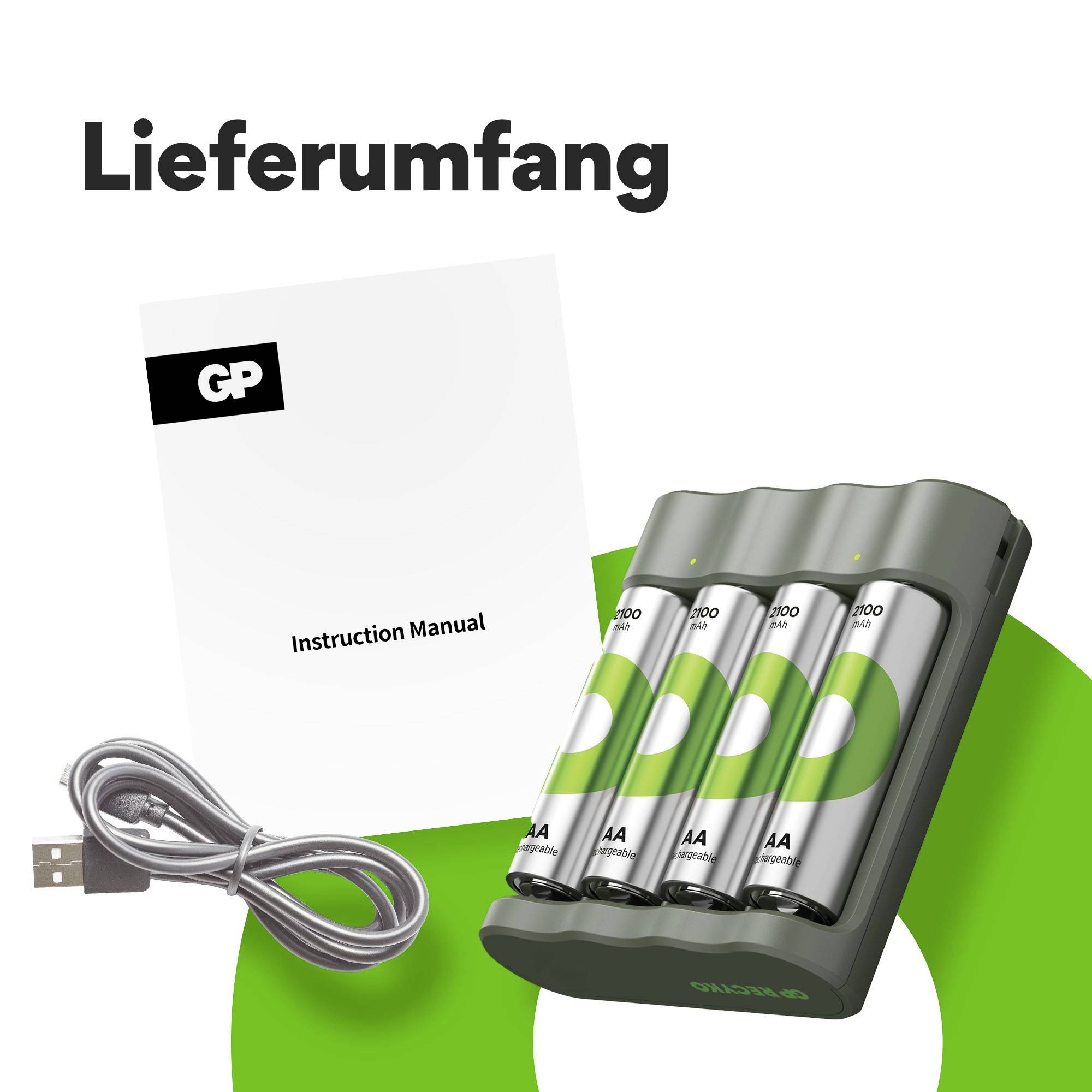 'Lieferumfang': Ein Batterieladegerät mit vier AA-Batterien, ein USB-Kabel und eine Bedienungsanleitung.