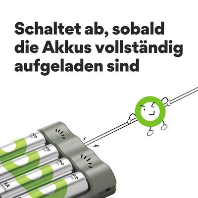 Batterieladegerät mit vier AA-Batterien. Text: 'Schaltet ab, sobald die Akkus vollständig aufgeladen sind.' Smiley-Gesicht zeigt Zufriedenheit.