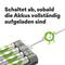 Batterieladegerät mit vier AA-Batterien. Text: 'Schaltet ab, sobald die Akkus vollständig aufgeladen sind.' Smiley-Gesicht zeigt Zufriedenheit.