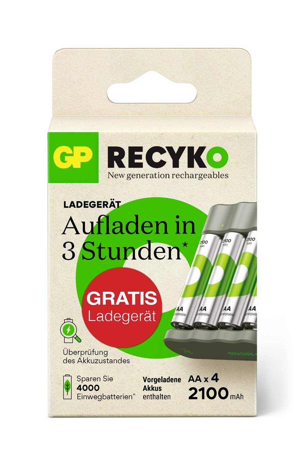 Verpackung eines Ladegeräts von GP Recyko, lädt in 3 Stunden, inklusive vier AA-Akkus mit 2100 mAh, Angebot: gratis Ladegerät.