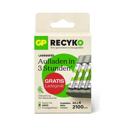 Verpackung eines Ladegeräts von GP Recyko, lädt in 3 Stunden, inklusive vier AA-Akkus mit 2100 mAh, Angebot: gratis Ladegerät.