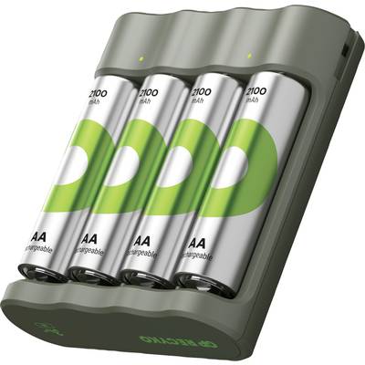 Wiederaufladbares Batterieladegerät mit vier eingelegten AA-Akkus. Ladezustand und Kapazität der Akkus sind nicht sichtbar.