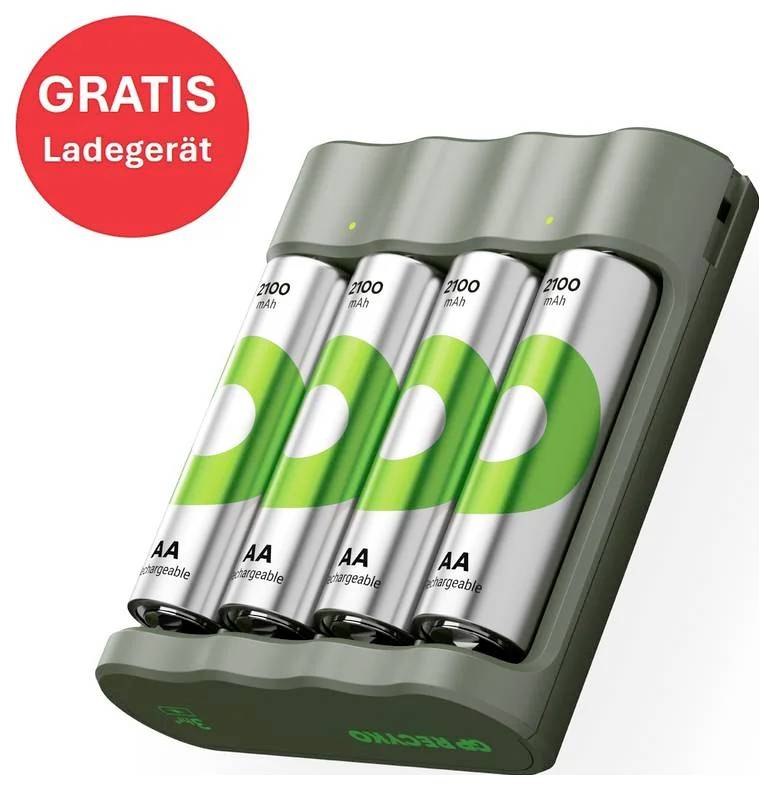 Kostenloses Batterieladegerät mit vier aufladbaren AA-Batterien im Einsatz, grünes Design, markiert mit 'GRATIS Ladegerät'.