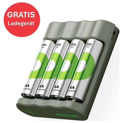 Kostenloses Batterieladegerät mit vier aufladbaren AA-Batterien im Einsatz, grünes Design, markiert mit 'GRATIS Ladegerät'.
