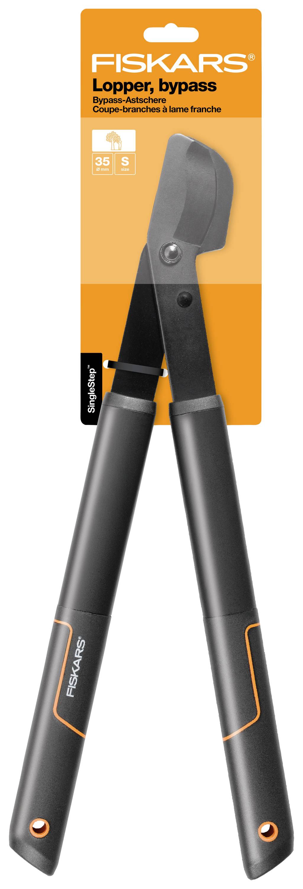 Bypass-Gartenschere von Fiskars in schwarzem Design mit orangefarbenem Etikett; geeignet zum Schneiden dicker Äste bis 3,5 cm.