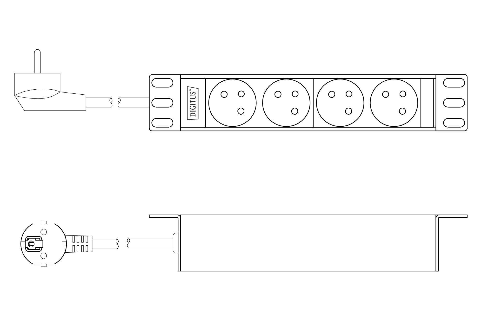 Diagramm einer Steckdosenleiste mit vier Steckplätzen und zwei unterschiedlichen Ansichten: Ober- und Seitenansicht.