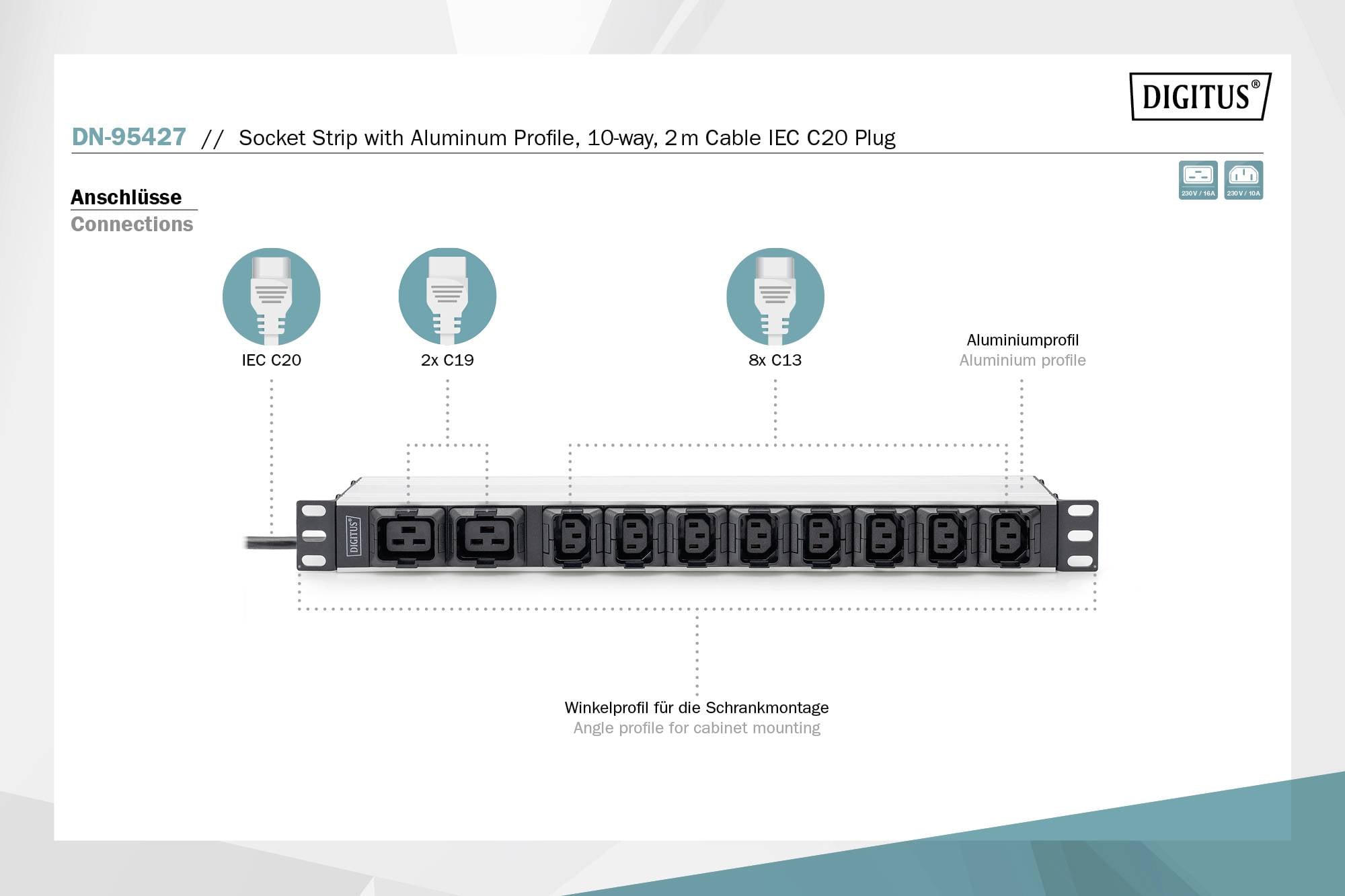 Digitus DN-95427 19 Zoll Netzwerkschrank-Steckdosenleiste 1 HE Kaltgeräte-Steckdose C13 10A Geeignet für Schranktiefe: a-7