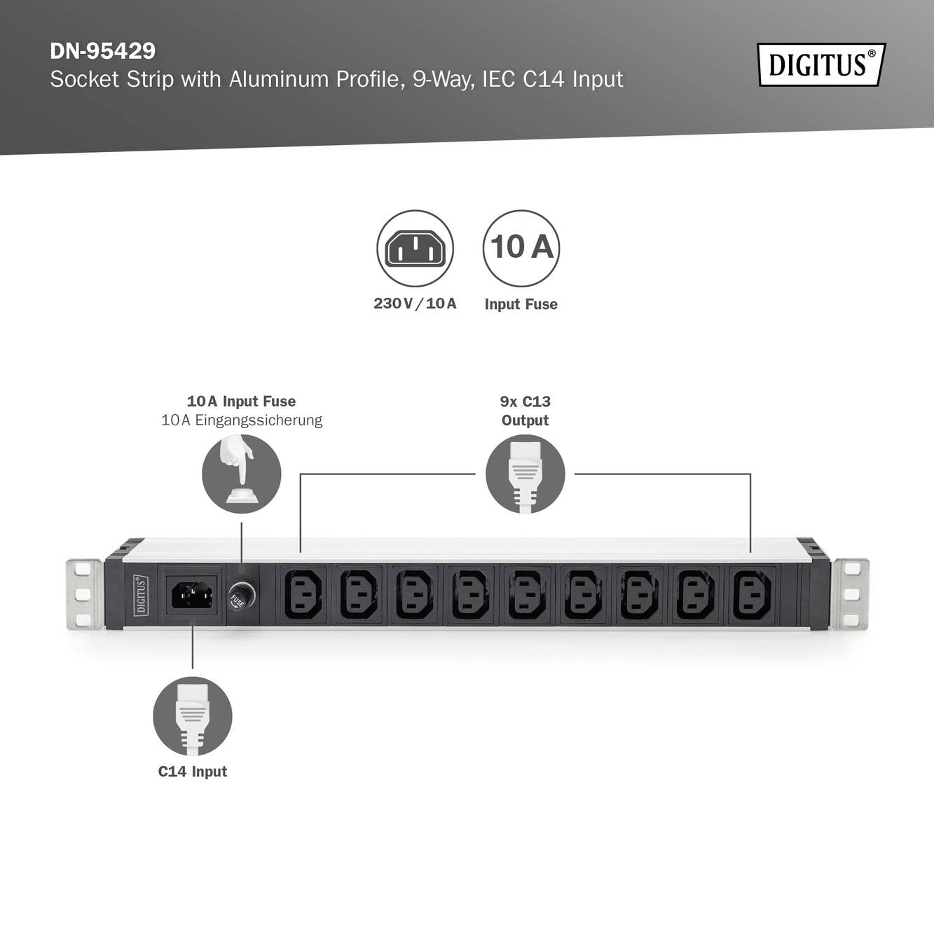 Digitus DN-95429 19 Zoll Netzwerkschrank-Steckdosenleiste 1 HE Kaltgeräte-Steckdose C13 10A Geeignet für Schranktiefe: a-7