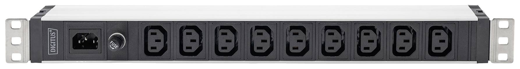 Eine schwarze Steckdosenleiste mit sechs Steckplätzen und einem Kippschalter, montiert in einem silbernen Rahmen.