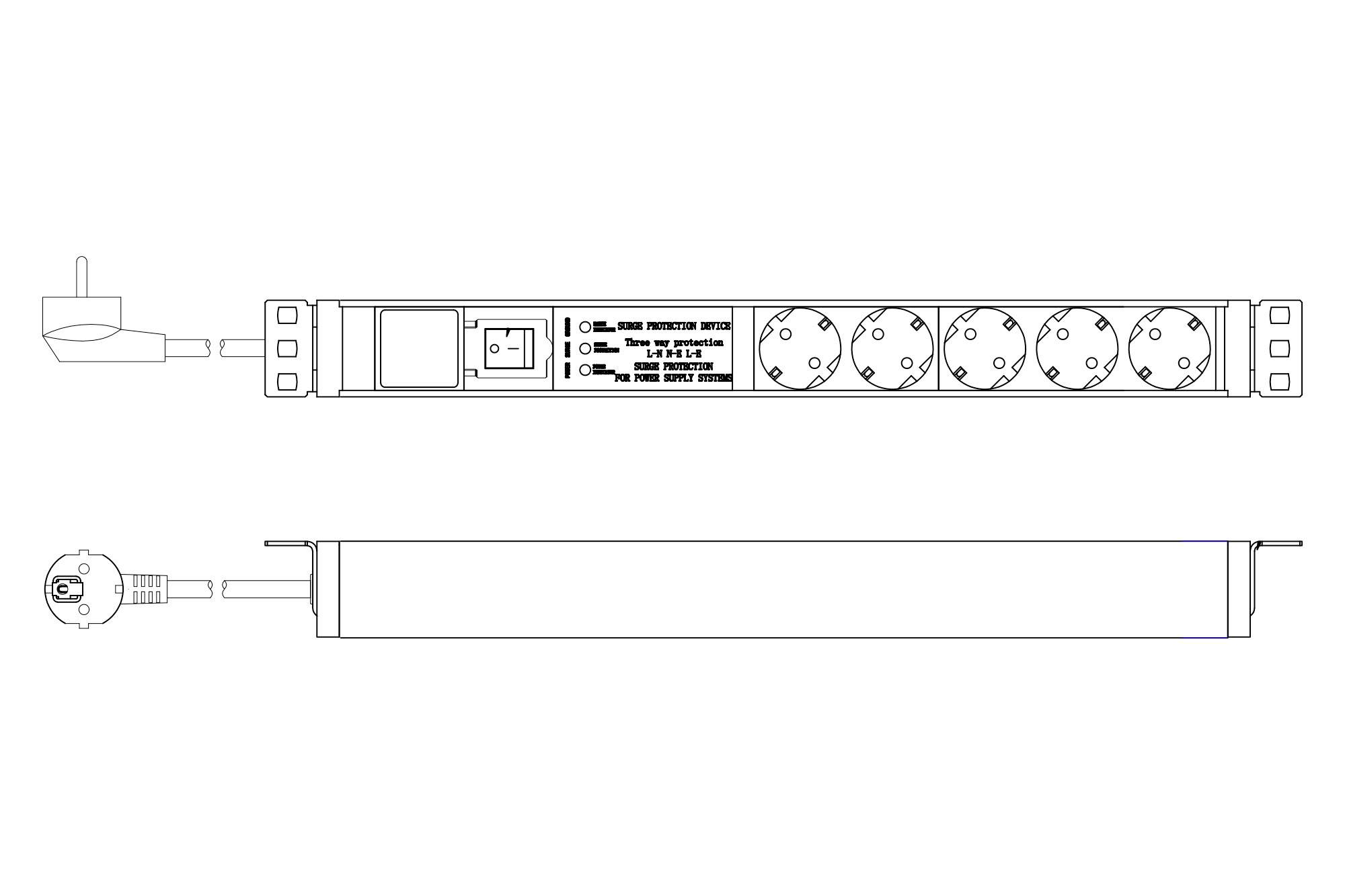 'Zeichnung einer Steckdosenleiste mit fünf Steckplätzen und Ein-/Aus-Schalter, seitliche und frontale Ansicht.'