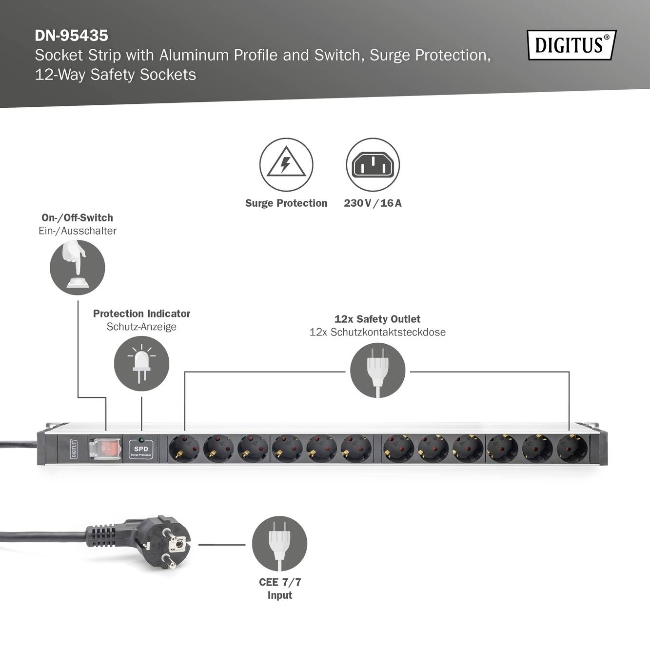 Digitus DN-95435 19 Zoll Netzwerkschrank-Steckdosenleiste 1 HE Schutzkontaktsteckdose Geeignet für Schranktiefe: ab 300 -6