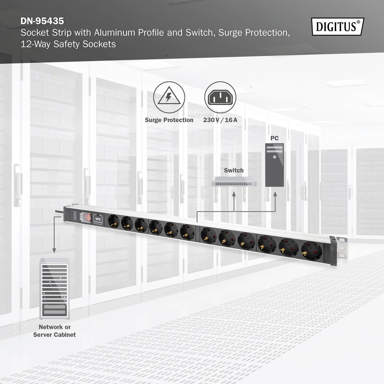 Digitus DN-95435 19 Zoll Netzwerkschrank-Steckdosenleiste 1 HE Schutzkontaktsteckdose Geeignet für Schranktiefe: ab 300 -7