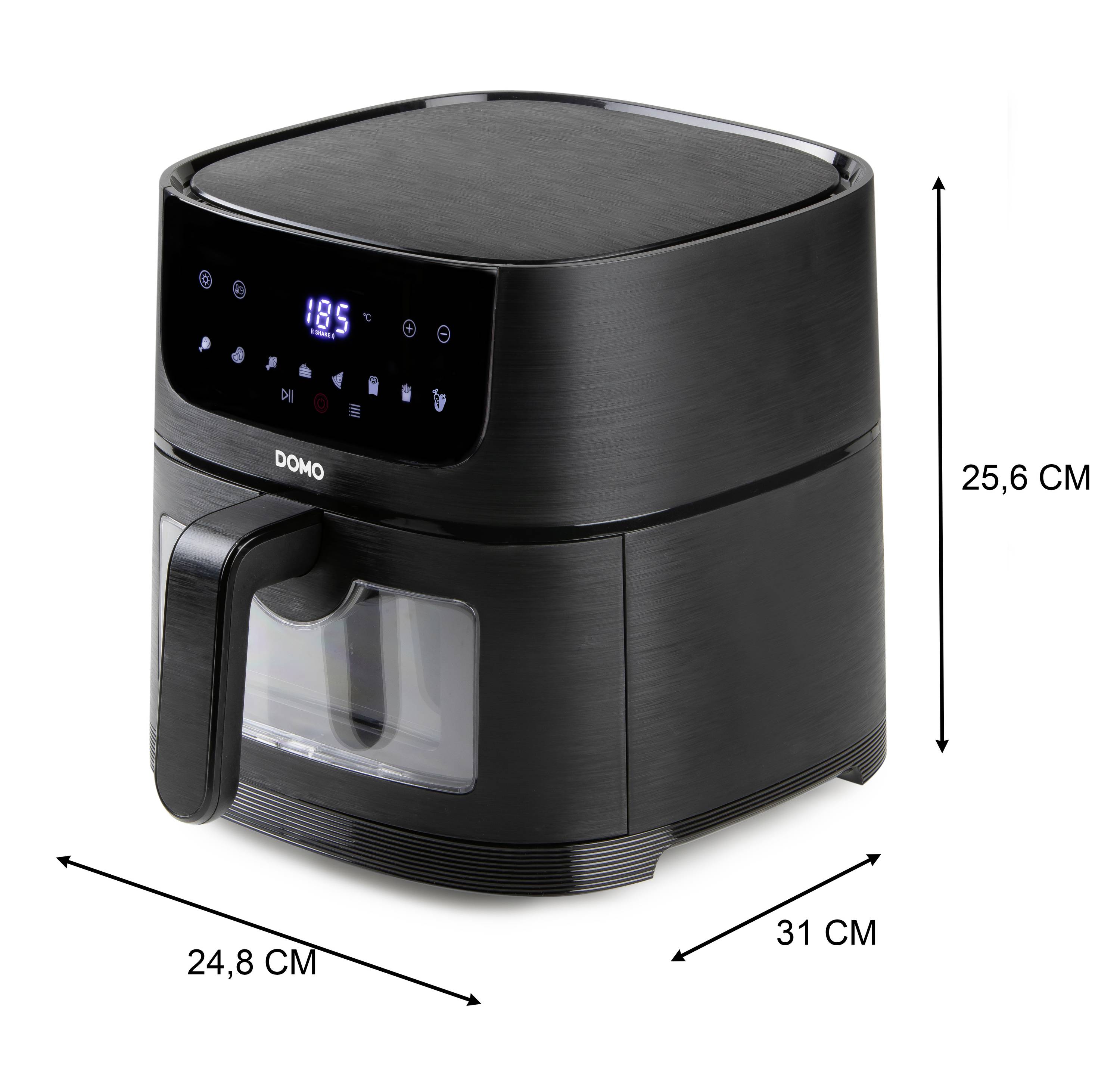 Eine schwarze Heißluftfritteuse mit digitalem Display, 24,8 cm breit, 31 cm tief, 25,6 cm hoch.