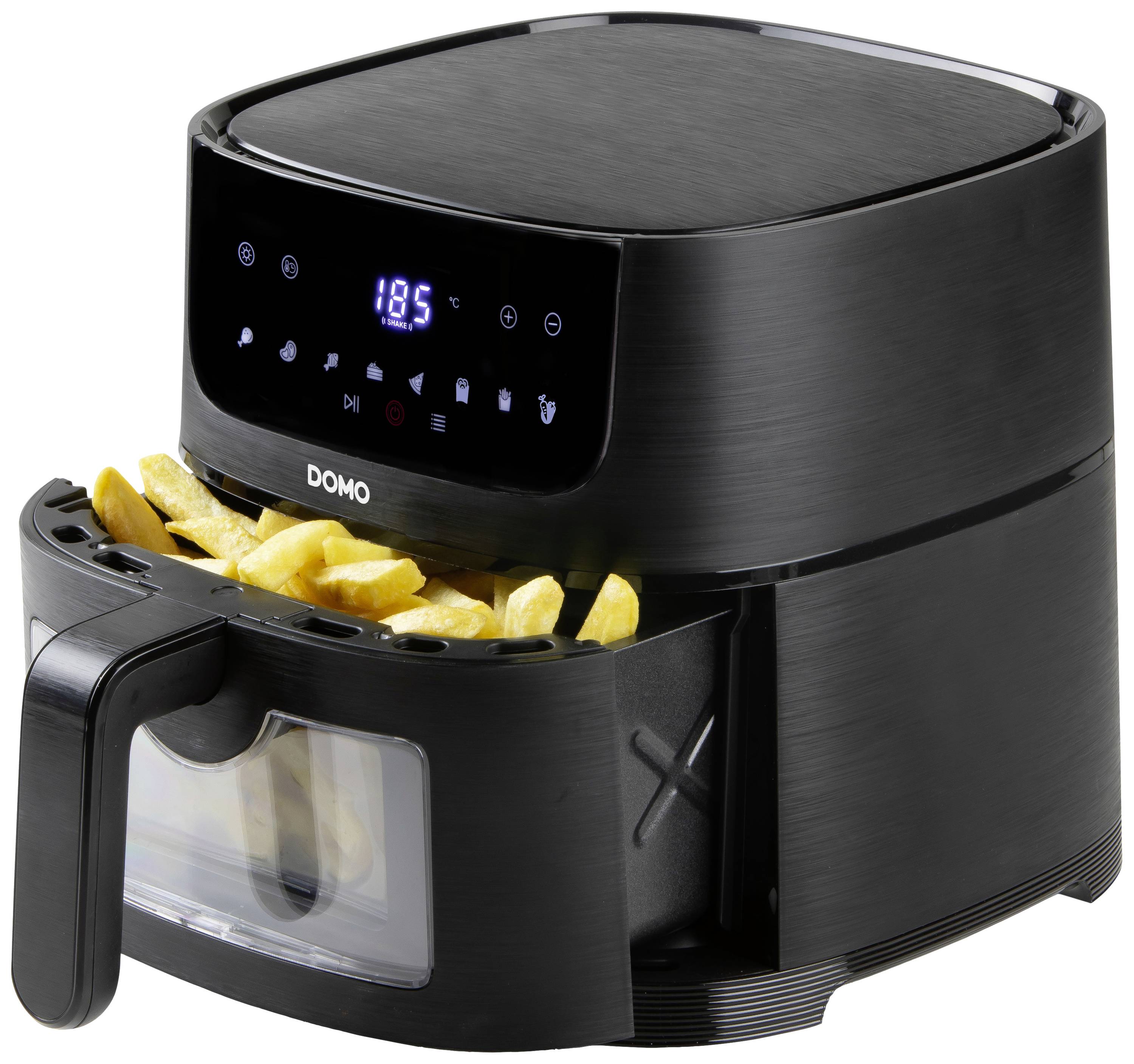 Schwarze Heißluftfritteuse mit LED-Anzeige zeigt 185 Grad. Ein herausziehbarer Korb enthält goldene Pommes frites.